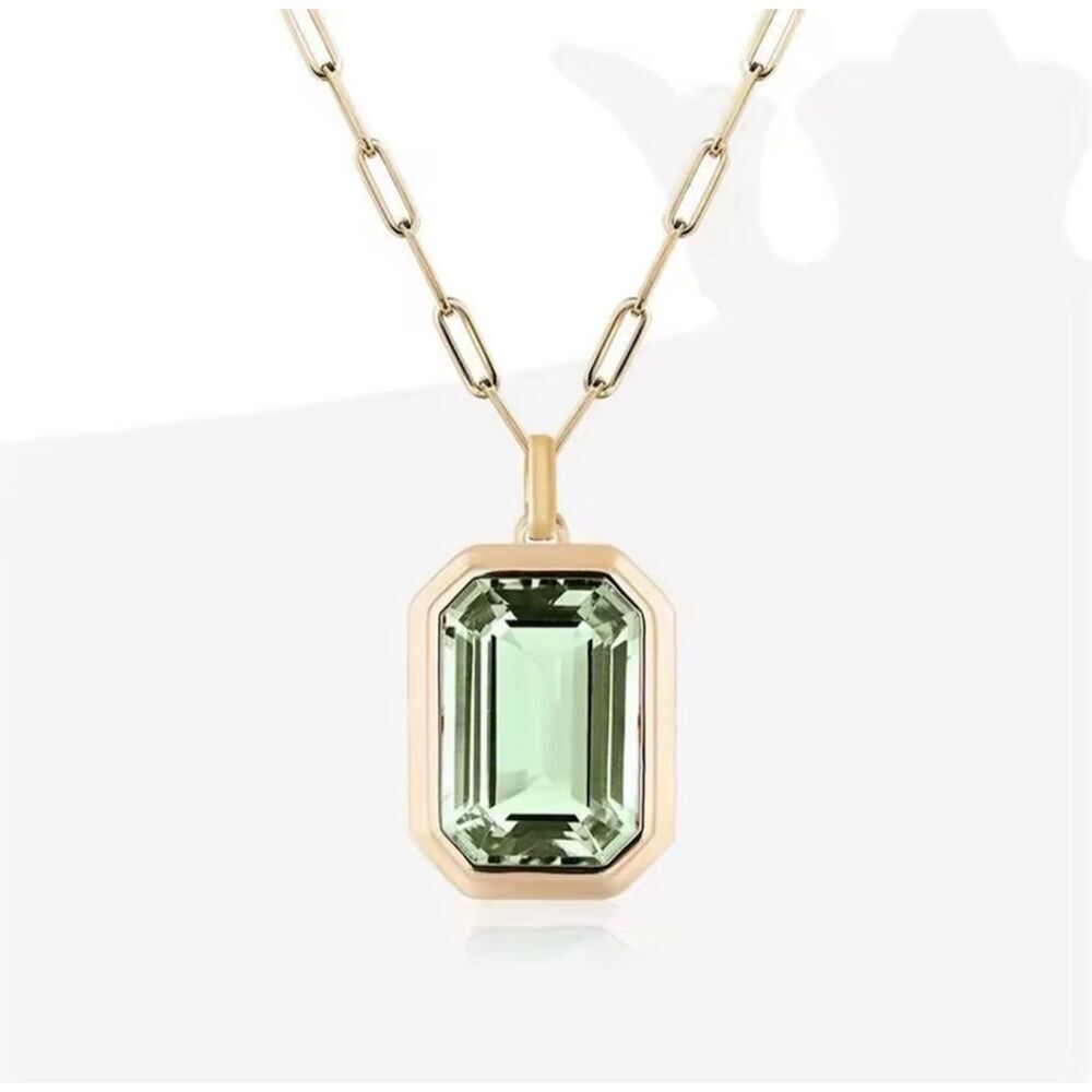 Green 18K Gold Plated Paperclip Necklace Emerald Cut Pendant Trendy Chic - Picture 4 of 4